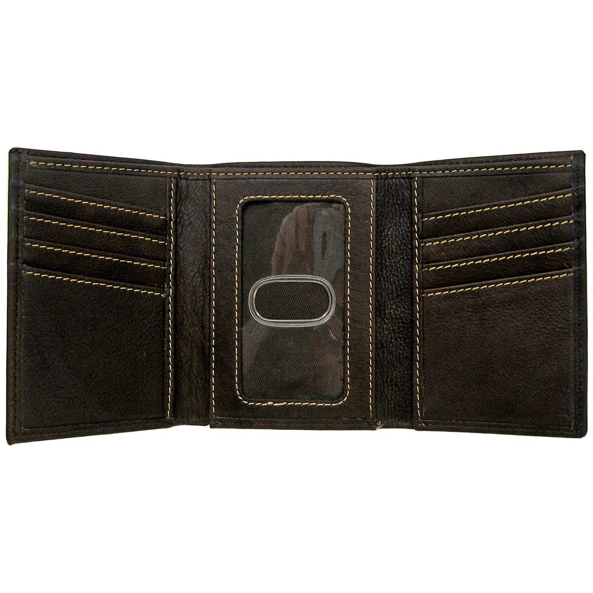 open interior view of coffee colored leather tri-fold wallet